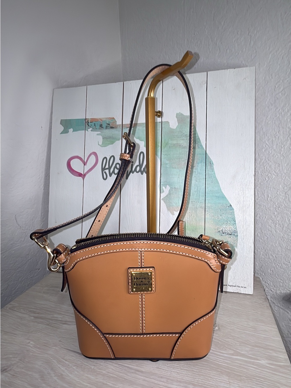 Dooney & Bourke Mini Domed Crossbody Tan Leather 1975 Plaque Gold Hardware